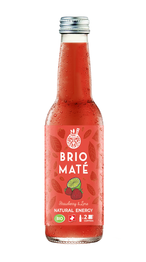 Une vue rapprochée du haut d'une bouteille de Brio Maté Strawberry & Lime